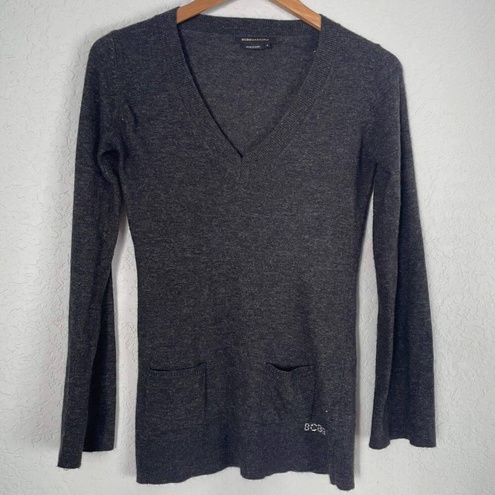 BCBGMaxAzria Gray Y2K Long Sweater Beaded Logo Angora Wool Fall Lightweight